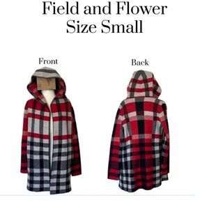 Anthropologie Flield and Flower wool open front plaid cardigan w/hoodie/pockets